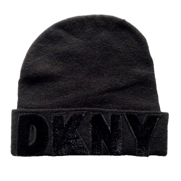 (NWT) DKNY Women's 2 Pc. Black Logo Velvet Flocked Flat Knit Scarf & Beanie Set - Picture 3 of 10